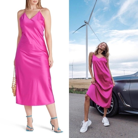 O.P.T. 90s Y2K Barbie Hot Pink Satin V-Neck Sleeveless Midi Slip Dress Size M - Picture 4 of 13